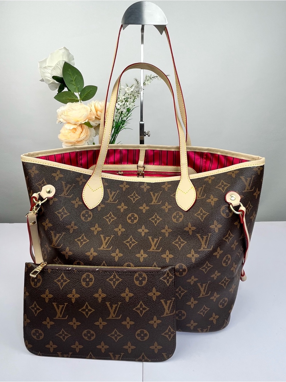 Louis Vuitton Monogram Canvas Tote with Red-Striped Red Interior